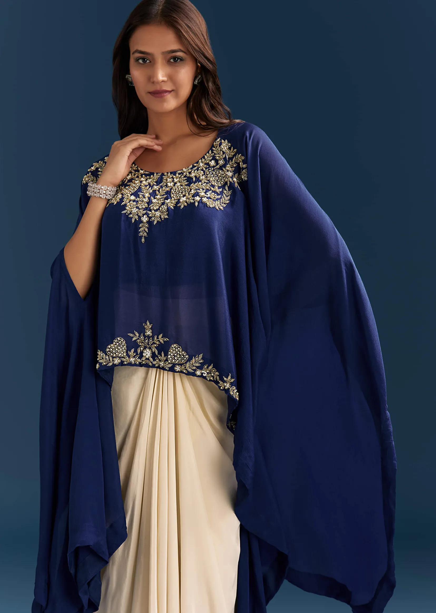 Blue Cape Crop Top Skirt With Moti And Cut Dana Work