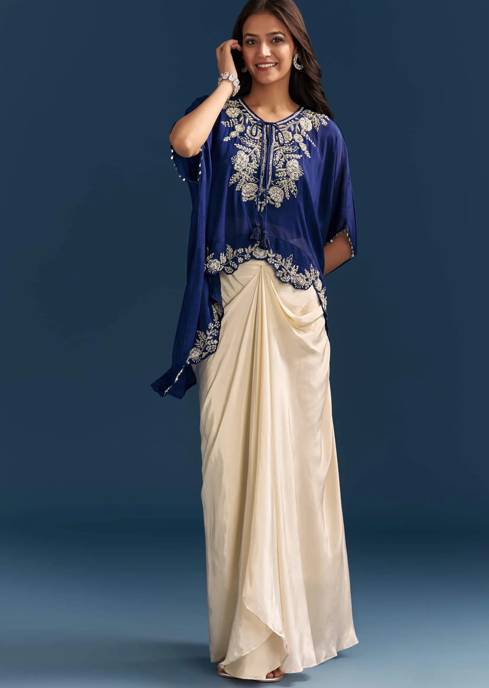Blue Cape Crop Top Skirt Set With Embroidered Details