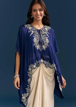 Blue Cape Crop Top Skirt Set With Embroidered Details