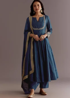 Blue Chanderi Anarkali Dupatta Suit With Gotta And Moti Detail