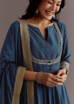 Blue Chanderi Anarkali Dupatta Suit With Gotta And Moti Detail