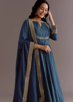 Blue Chanderi Anarkali Dupatta Suit With Gotta And Moti Detail