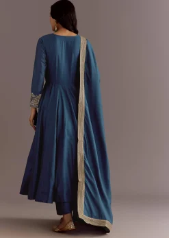 Blue Chanderi Anarkali Dupatta Suit With Gotta And Moti Detail