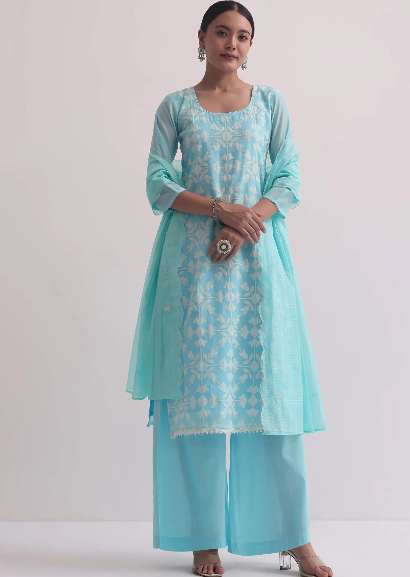 Blue Chanderi Patchwork Palazzo Set With Lace Trims