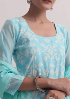 Blue Chanderi Patchwork Palazzo Set With Lace Trims