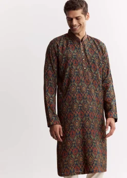 Blue Chanderi Printed Kurta Set With Mandarin Collar