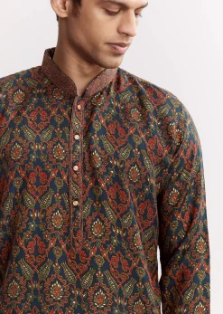Blue Chanderi Printed Kurta Set With Mandarin Collar