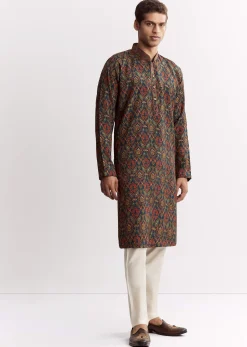 Blue Chanderi Printed Kurta Set With Mandarin Collar
