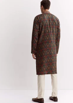 Blue Chanderi Printed Kurta Set With Mandarin Collar