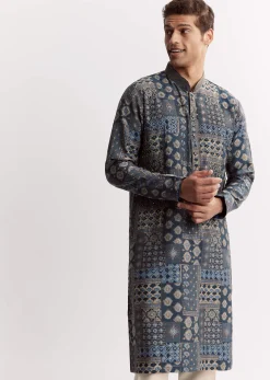 Blue Chanderi Printed Kurta Set With Stone Sequins And Cutdana