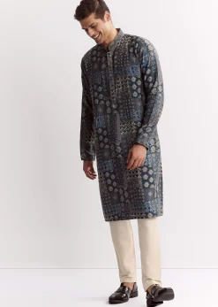 Blue Chanderi Printed Kurta Set With Stone Sequins And Cutdana