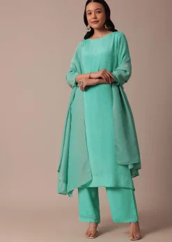 Blue Chiffon Pant Set With Sequin Work Kurta