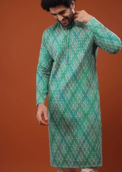 Blue Chinon Silk Kurta Set With Thread Embroidery