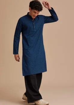 Blue Cotton Denim Micro Printed Kurta Set