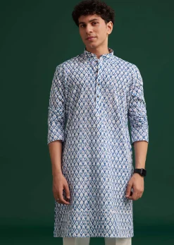 Blue Cotton Ikat Printed Kurta Set