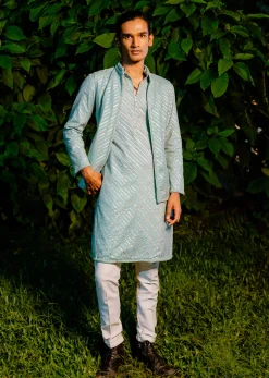 Blue Cotton Leheriya Bandi Kurta Set With Lace Work
