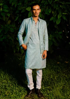 Blue Cotton Leheriya Bandi Kurta Set With Lace Work