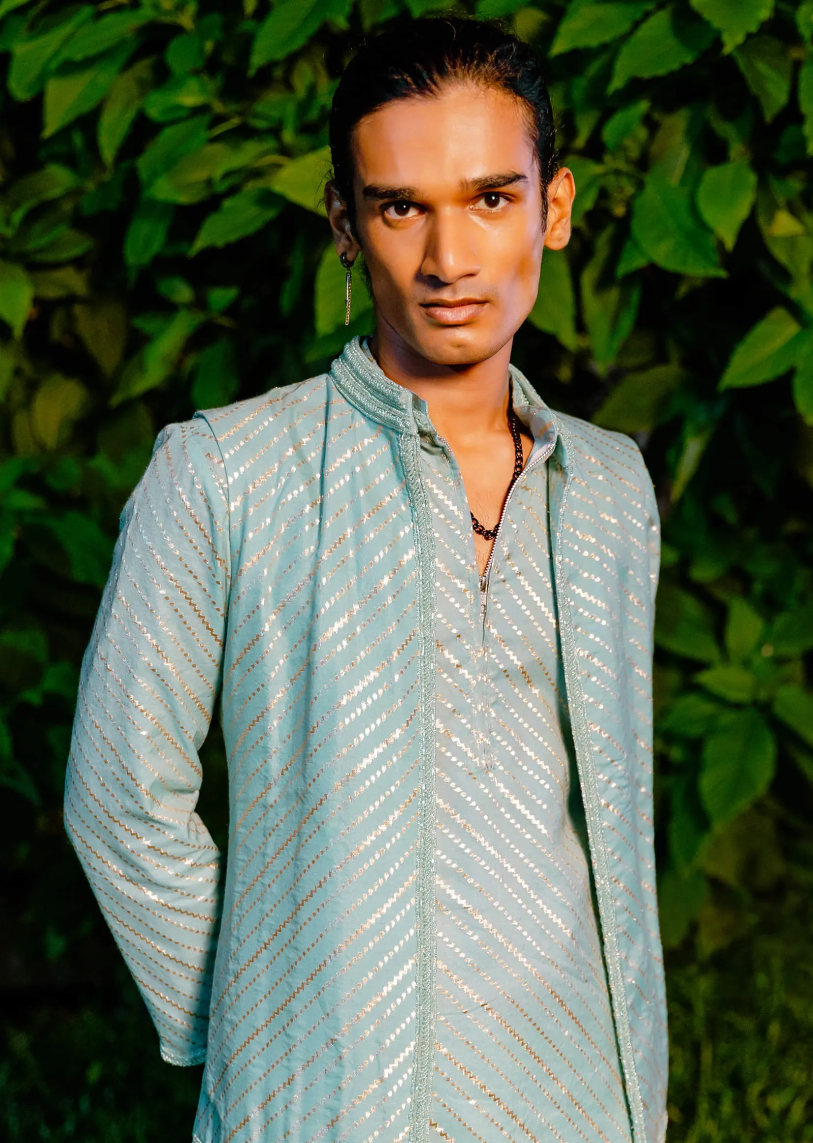 Blue Cotton Leheriya Bandi Kurta Set With Lace Work