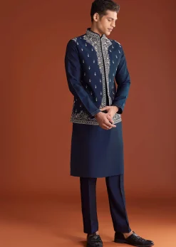 Blue Cotton Silk Kurta Jacket Set With Mirror Embroidery