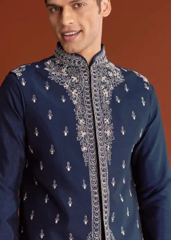 Blue Cotton Silk Kurta Jacket Set With Mirror Embroidery
