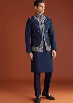 Blue Cotton Silk Kurta Jacket Set With Mirror Embroidery