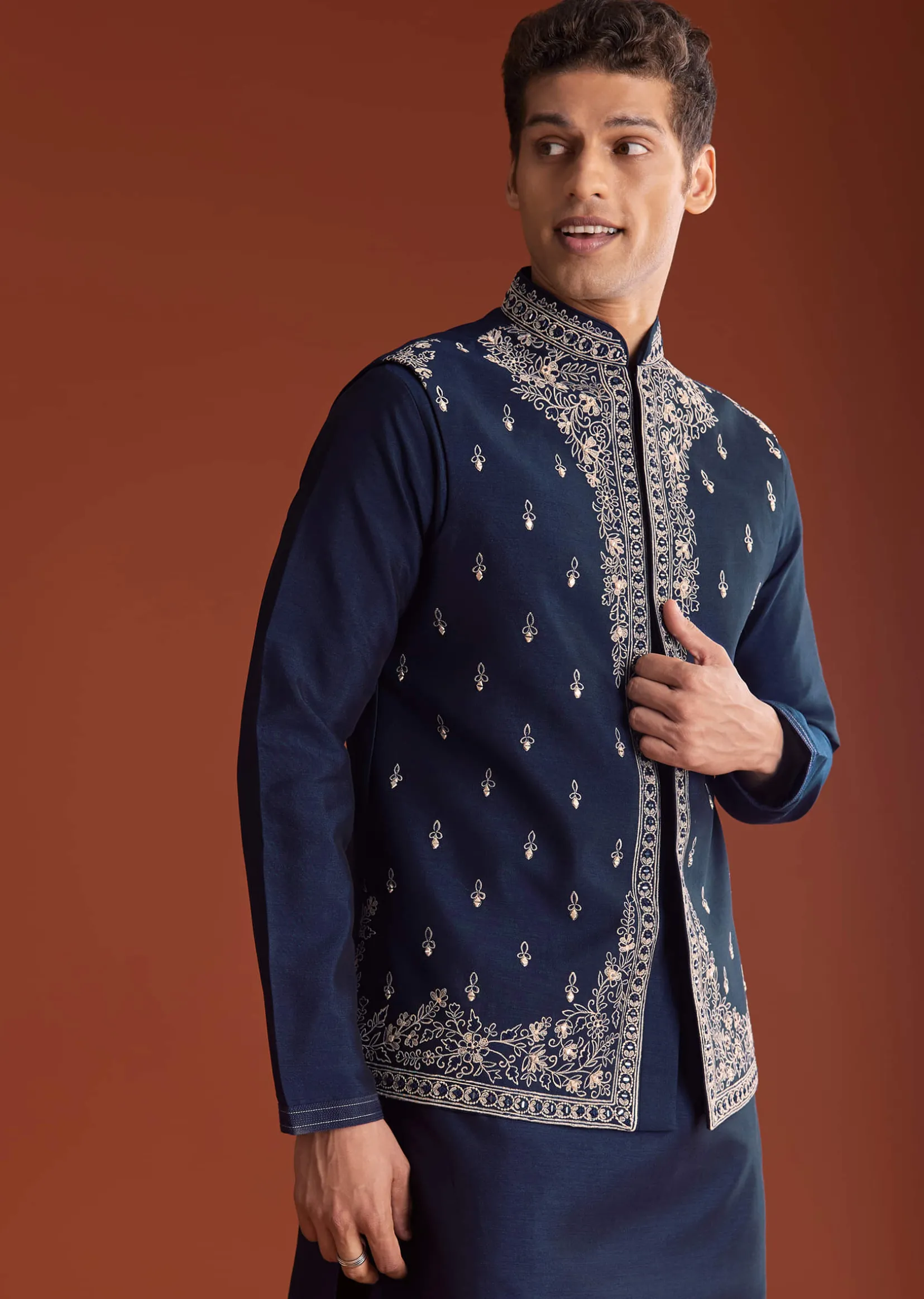 Blue Cotton Silk Kurta Jacket Set With Mirror Embroidery