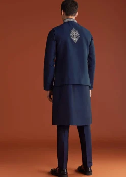 Blue Cotton Silk Kurta Jacket Set With Mirror Embroidery