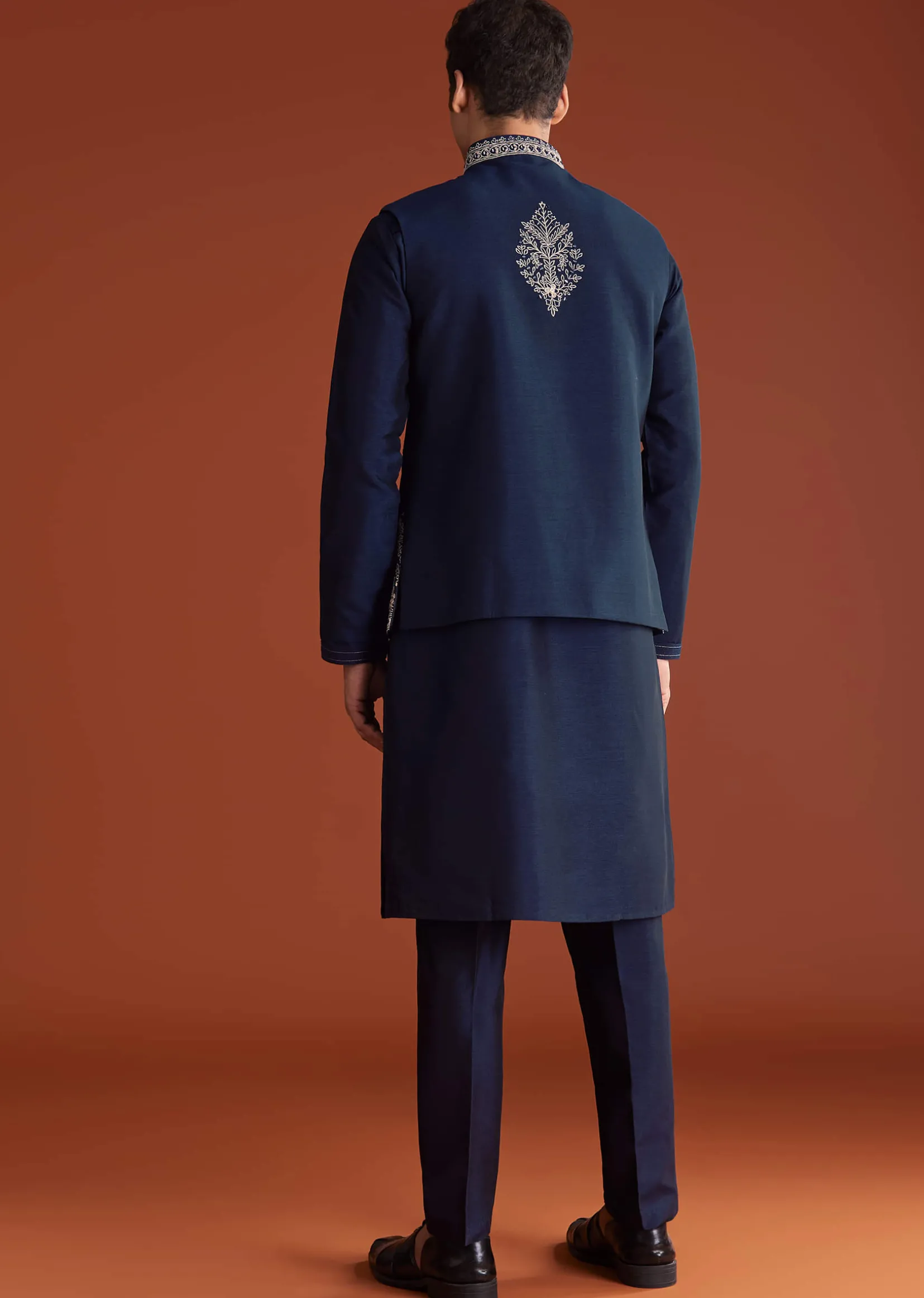 Blue Cotton Silk Kurta Jacket Set With Mirror Embroidery