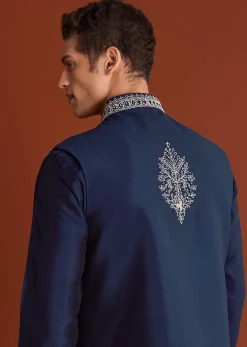 Blue Cotton Silk Kurta Jacket Set With Mirror Embroidery