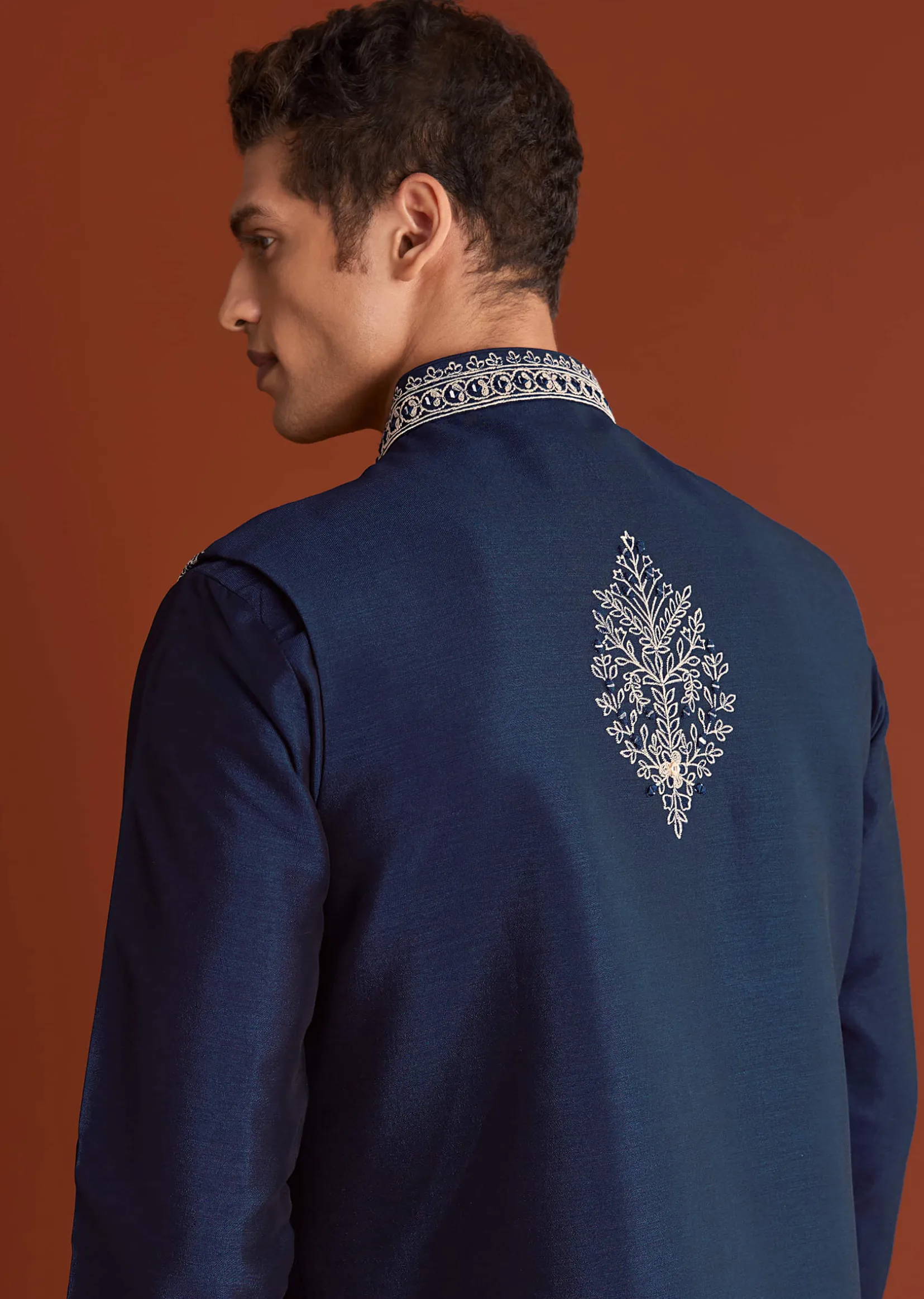 Blue Cotton Silk Kurta Jacket Set With Mirror Embroidery