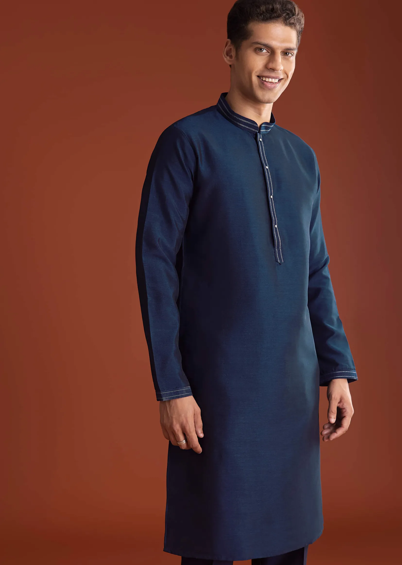 Blue Cotton Silk Kurta Jacket Set With Mirror Embroidery