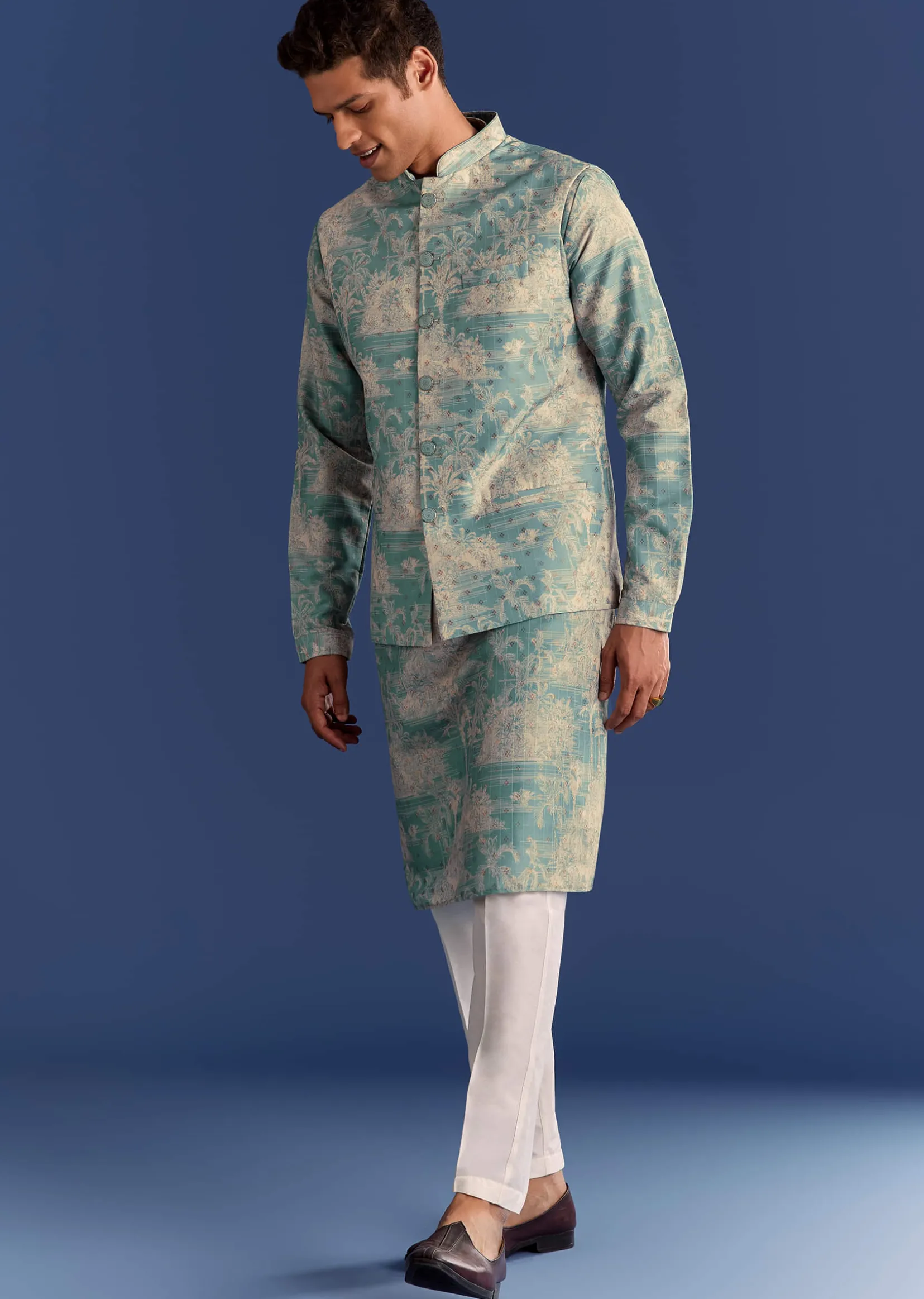 Blue Cotton Silk Kurta Jacket Set With Coastal Print