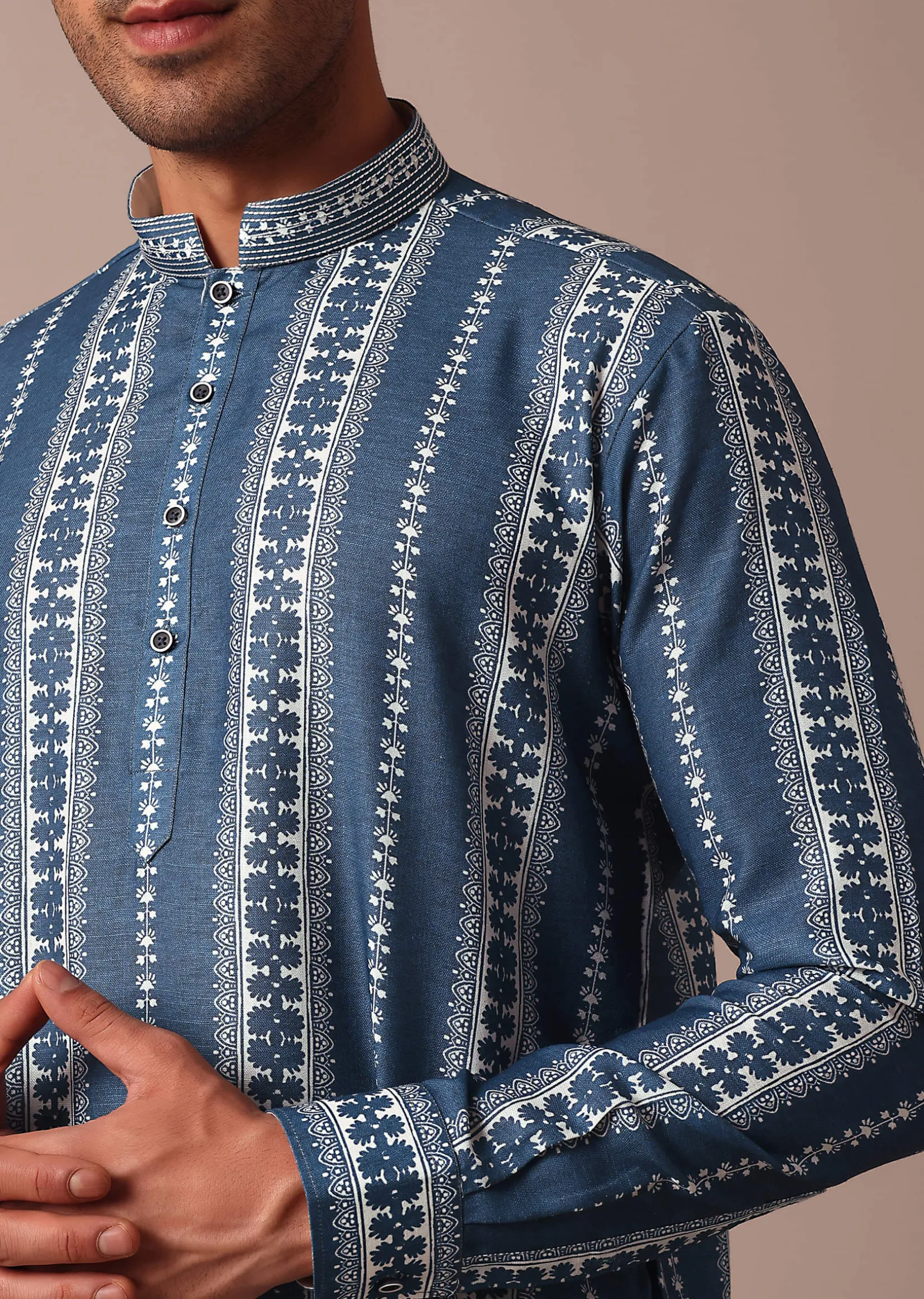 Blue Cotton Silk Kurta With Print