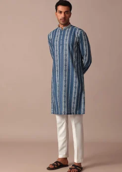 Blue Cotton Silk Kurta With Print