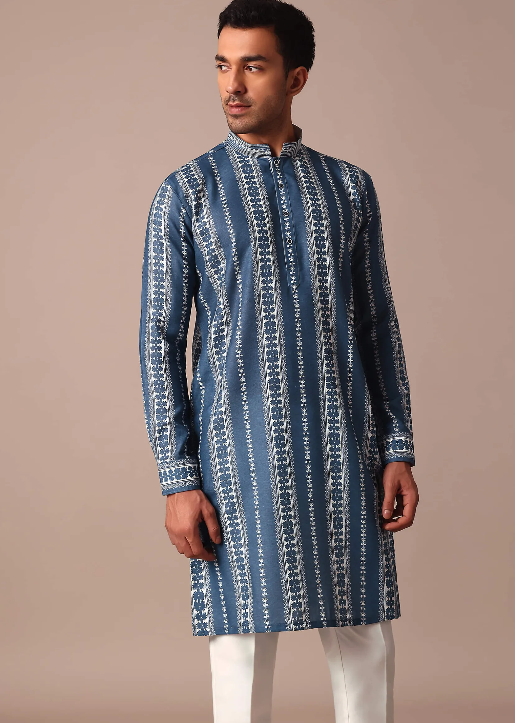 Blue Cotton Silk Kurta With Print