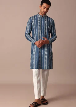 Blue Cotton Silk Kurta With Print