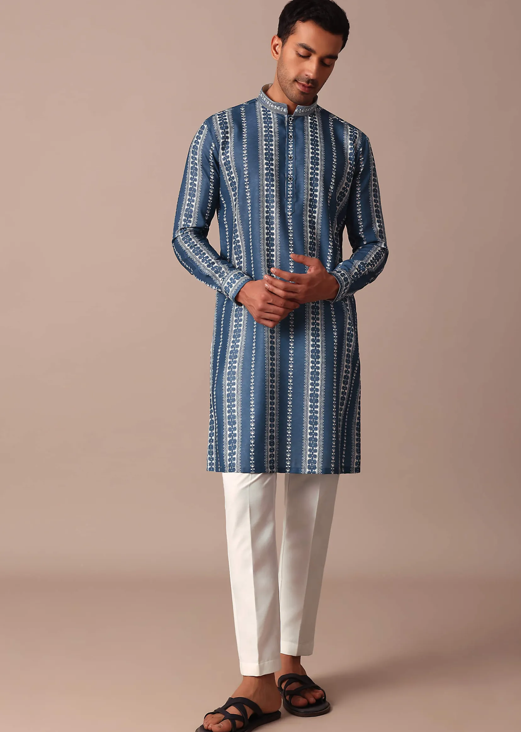 Blue Cotton Silk Kurta With Print