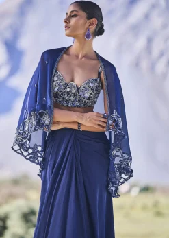 Blue Crepe Draped Skirt With Embroidered Blouse And Cape