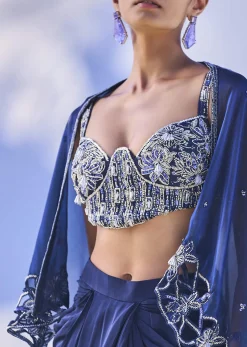 Blue Crepe Draped Skirt With Embroidered Blouse And Cape