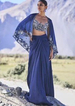 Blue Crepe Draped Skirt With Embroidered Blouse And Cape