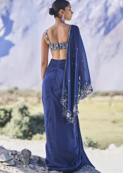 Blue Crepe Draped Skirt With Embroidered Blouse And Cape