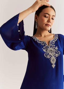 Blue Crepe Kurta Set With Silver Zardosi And Asymmetrical Cut