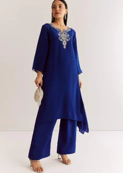 Blue Crepe Kurta Set With Silver Zardosi And Asymmetrical Cut