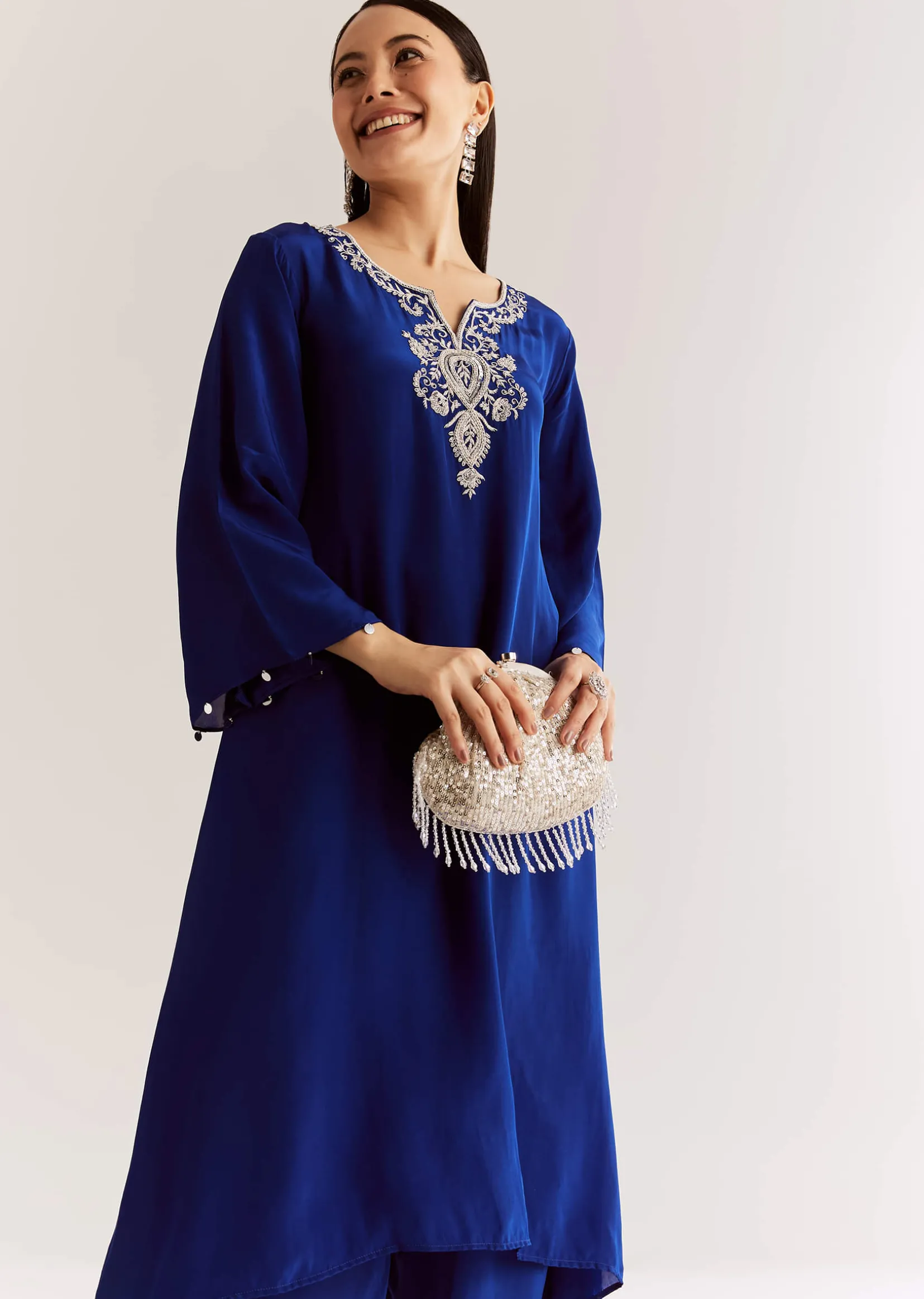 Blue Crepe Kurta Set With Silver Zardosi And Asymmetrical Cut