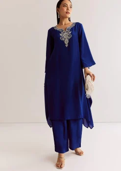 Blue Crepe Kurta Set With Silver Zardosi And Asymmetrical Cut