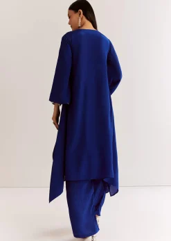 Blue Crepe Kurta Set With Silver Zardosi And Asymmetrical Cut