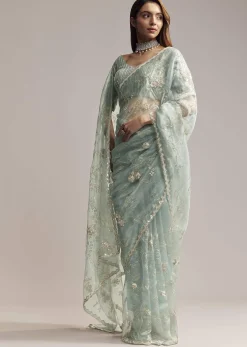 Blue Crush Tissue Saree With Heavy Floral Embroidery