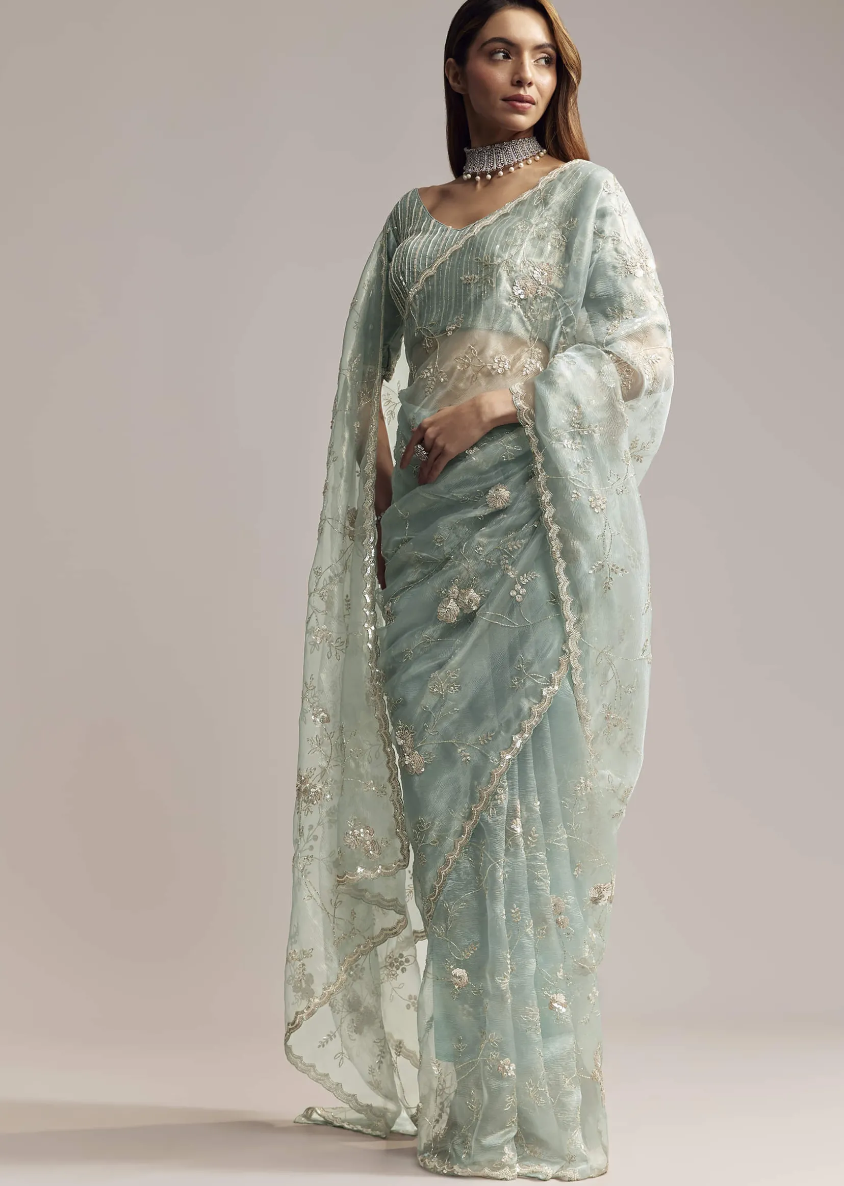 Blue Crush Tissue Saree With Heavy Floral Embroidery