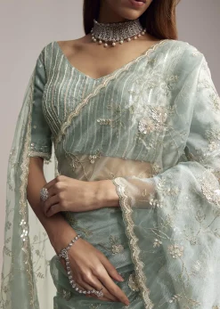 Blue Crush Tissue Saree With Heavy Floral Embroidery