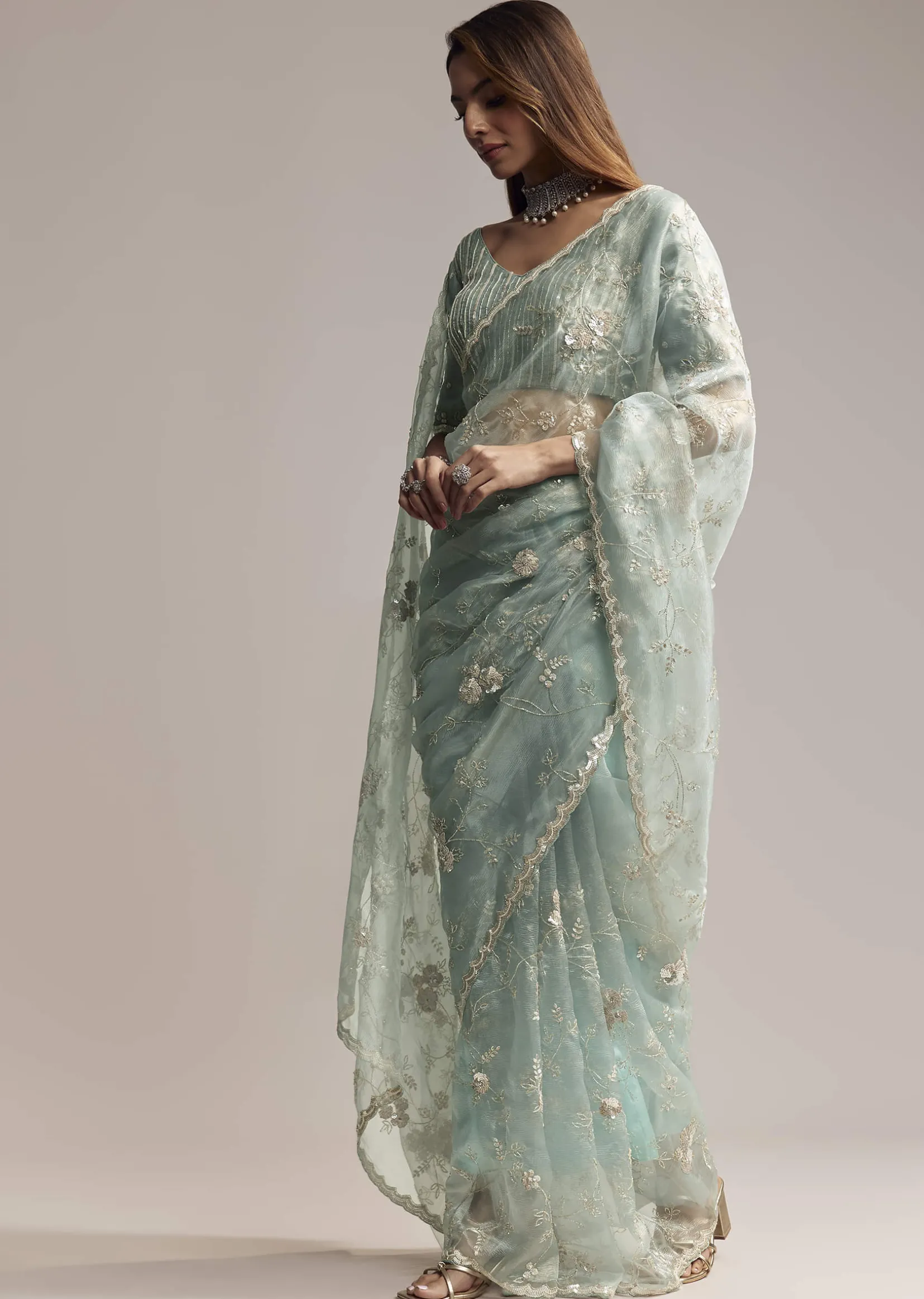 Blue Crush Tissue Saree With Heavy Floral Embroidery